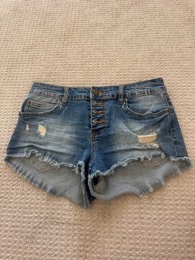Billabong Women's Blue Distressed Button-Fly Denim Shorts
